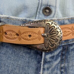 Slim Western Tooled Leather Belt • Ornate Silver Hardware